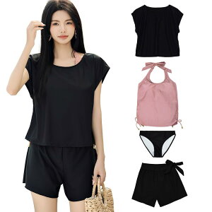 【送料無料】 水着 レディース 体型カバー タンキニ 4点セット 大人 ビキニ タンクトップ ショートパンツ Tシャツ ラッシュガード ママ水着 hys1618 色:ブラック/ピンク、サイズ:2XL(15号)