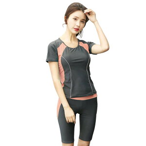 【送料無料】 フィットネス 水着 レディース セパレート 体型カバー 半袖 スパッツ 2点セット 日焼け対策 女性用スポーツ水着 hys1787-B 色:B:ピンク、サイズ:M