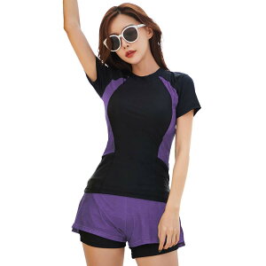 【送料無料】 フィットネス水着 レディース セパレート 体型カバー 半袖ラッシュガード 水泳帽子 3点セット hys2404 色:パープル、サイズ:3L