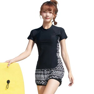 【送料無料】 フィットネス 水着 レディース セパレート 体型カバー ショートパンツ ラッシュガード 水泳帽 3点セット hys2405 色:M:トライバル、サイズ:4L