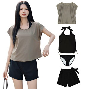 【送料無料】 水着 レディース 体型カバー タンキニ 4点セット 大人 ビキニ タンクトップ ショートパンツ Tシャツ ラッシュガード ママ水着 hys1618 色:グレージュ×ブラック、サイズ:S(7号)