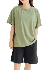 【送料無料】 水着 レディース 体型カバー ラッシュガード Tシャツ タンキニ 上下セット くすみカラー ハーフパンツ 4点セット 半袖 長袖 UVカット 色:4カーキ×ブラック(半袖)、サイズ:L