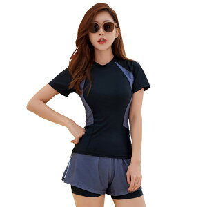【送料無料】 フィットネス水着 レディース セパレート 体型カバー 半袖ラッシュガード 水泳帽子 3点セット hys2404 色:グレー、サイズ:XL
