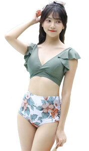 【送料無料】 ビキニ 水着 レディース 花柄 フリル レース 上下2点セット ビキニセット 女性用水着 海水浴 温泉 水泳 色:モスグリーン、サイズ:M