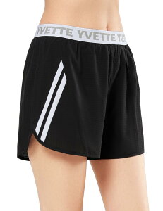 【送料無料】Yvette(イベット) スポーツ ショートパンツ レディース インナー付き ランニング 通気 速乾 超軽量 メッシュ ハイウエスト フィットネス 部屋着 ヨガウェア 短パン 色:ブラック