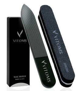 【送料無料】VITOMS 爪やすり 爪磨き 【プロネイリスト推薦】 スポンジファイルセット つめやすり つめみがき つや出し ガラス製 ネイルケア (解説動画付) 色:ブラック、サイズ:レギュラー