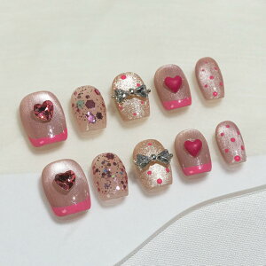 【送料無料】Sun&Beam Nails 手作り ネイルチップ ショート スクエアラウンド カラフル 黒 白 ピンク 銀 ヒトデ 星 つけ爪 おしゃれ デザイン 付け爪 10枚入 (#168 XS) 色:#252、サイズ:XS