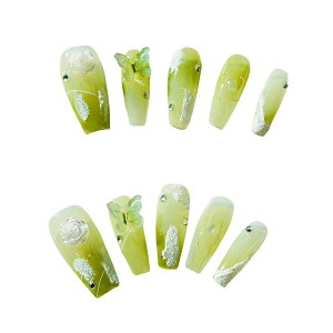 【送料無料】手作りネイルチップミディアムロングバレリーナつけ爪手描きの淡い緑色の果物柄人気おしゃれ3Dラインストーン可愛いデザイン付け爪10枚入 色:花、サイズ:S