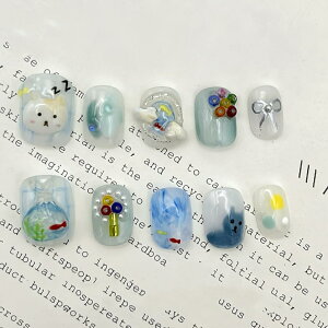 【送料無料】【KOI NAIL】手作り3Dネイルチップ |猫 ネコ ニャンコのタマがぐるぐる回れる!!|ショート|10枚入り|つけ爪・ジェルネイル・ウェアラブルネイル・かわいい・三次元・手描