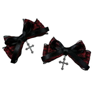 【送料無料】【infage】 ヘアクリップ 2点 セット 十字架 リボン ちょう結び レース ヘアピン かわいい アクセサリー 小さめ レディース 色:ワインレッド