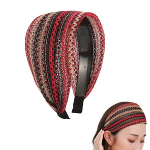 【送料無料】カチューシャ 幅広メッシュ 刺繍ボヘミアン ボーホー ヘアバンド 痛くなりにくい レディース 髪留め フェス ヨガ メイク用 色:レッド、サイズ:フリーサイズ
