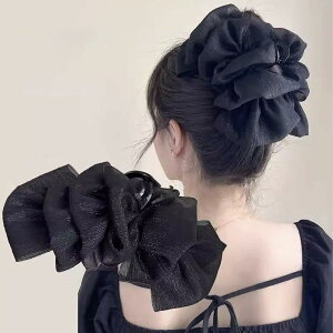【送料無料】Nemio 大きめリボン ヘアクリップ バンスクリップ, シフォン素材, 蝶結び髪飾り, 韓国風ヘアアクセサリー, 13cm, ブラック 色:ブラック