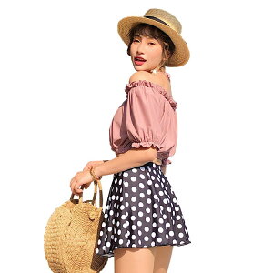 【送料無料】 水着 レディース ビキニ オフショルダー スカート ショートパンツ 4点セット ワイヤー入り 大人 ママ用 二の腕 お尻 カバーアップ hys1731 色:F:ピンク、サイズ:L