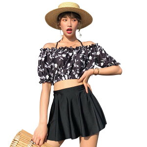 【送料無料】 水着 レディース ビキニ オフショルダー スカート ショートパンツ 4点セット ワイヤー入り 大人 ママ用 二の腕 お尻 カバーアップ hys1731 色:G:フラワー、サイズ:M