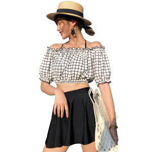 【送料無料】 水着 レディース ビキニ オフショルダー スカート ショートパンツ 4点セット ワイヤー入り 大人 ママ用 二の腕 お尻 カバーアップ hys1731 色:E:チェック×ブラック、サイズ:M