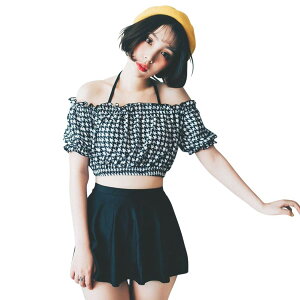 【送料無料】 水着 レディース ビキニ オフショルダー スカート ショートパンツ 4点セット ワイヤー入り 大人 ママ用 二の腕 お尻 カバーアップ hys1731 色:B:千鳥柄、サイズ:L