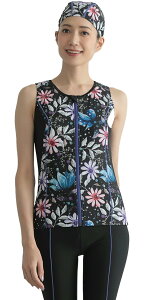 【送料無料】 フィットネス水着 レディース プリント柄 袖なし セパレート キャップ付き 2025 FT-2062 色:スノーウィングフラワー、サイズ:19 号