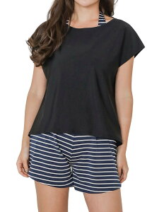 【送料無料】 水着 レディース 体型カバー タンキニ カバーアップ オーバーTシャツ ショートパンツ 4点セット 色:7ブラック×ボーダー、サイズ:L