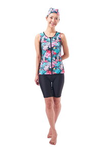 【送料無料】(ラクア)LAQUA レディースフィットネス水着 プリント セパレートフィットネス水着 キャップ付き FT-2041N 色:ボタニカル、サイズ:15