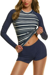 【送料無料】 水着 レディース セパレート 上下セット 長袖ラッシュガード+ショートパンツ プール 海 温泉 マリンスポーツ 夏用 色:ビーチストライプネイビー(FSE31)、サイズ:XL
