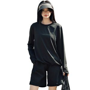 【送料無料】 タンキニ水着 レディース 体型カバー 長袖シャツ ラッシュガード ハーフパンツ 4点セットビキニ hys2861 色:ブラック/ドット、サイズ:M