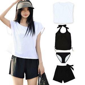 【送料無料】 水着 レディース 体型カバー タンキニ 4点セット 大人 ビキニ タンクトップ ショートパンツ Tシャツ ラッシュガード ママ水着 hys1618 色:ホワイト/ブラック、サイズ:M(9号)
