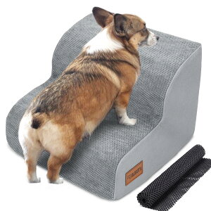 【送料無料】犬用ステップ 2段 ドッグステップ 犬用スロープ 犬用踏み台 犬用階段 小型犬 室内犬 高齢犬 滑り止めマット付き カバー取り外し 洗える 手持ち付き(グレー)