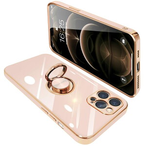 【送料無料】iPhone12 pro ケース リング付き アイフォン12pro リング カバー 耐衝撃 TPU メッキ加工 360°回転 スタンド機能 車載ホルダー ストラップホール付き 6.1インチ(ピンク)