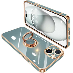 【送料無料】iPhone15 Plus ケース リング付き アイフォン15Plus リング カバー 耐衝撃 TPU 360°回転 スタンド機能 メッキ加工 車載ホルダー ストラップホール付き 6.7インチ(グレー)