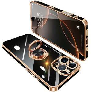 【送料無料】iPhone16 Pro ケース リング付き アイフォン16Pro リング カバー 耐衝撃 TPU 360°回転 スタンド機能 メッキ加工 車載ホルダー ストラップホール付き 6.3インチ(ブラック)