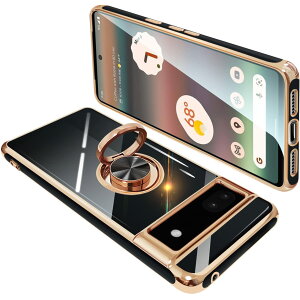 【送料無料】Google Pixel6A ケース リング付き グーグル ピクセル 6A リング カバー 耐衝撃 TPU メッキ加工 360°回転 スタンド機能 車載ホルダー ストラップホール付き(ブラック)
