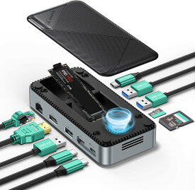 【送料無料】GiGimundo 10-in-1 M.2 SSD 外付けケース 10Gbps M.2 NVMe SSDエンクロージャー付きUSB Cハブ 内蔵ファン ドッキングステーション 高速データ伝送 M.2 NVMe/SATA SSDリーダー 4K@60Hz HDMI SD/TF PD 100W急速充電 Windows Mac OS用マルチポートドック GAM2P