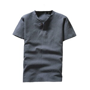 【送料無料】Blostirno メンズ リネン リネンシャツ 綿麻 半袖 無地 Tシャツ ヘンリーネック 夏(JT11-GM)