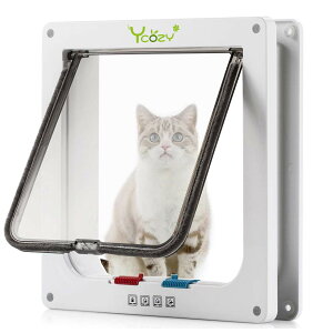 【送料無料】Ycozy ペットドア 外寸25.2×23.7cm 猫 出入り口 小型犬用 ドア 猫扉 4-way切替 ロック キャットドア 室内用 取り付け簡単 冷暖房対策