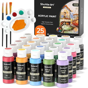 【送料無料】Shuttle Art アクリル絵の具 ビンテージカラー 25色 絵の具セット 60ml ペイントブラシ3本 パレット付き ヴィンテージ風 伝統色 キャンバス/石/木/ガラス/セラミックに描ける 絵具 画