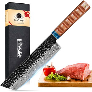 【送料無料】HomeSafety 包丁 菜切り包丁 ダマスカス包丁 刃渡り184mm. プロ用三徳, キッチン用万能. 手打ち鍛造牛刀 キッチンナイフ, 槌目 ダマスカス模様 両刃 左利き用, 錆びにくい67層の高炭