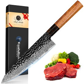 【送料無料】KyushuBlade 包丁 牛刀包丁 ダマスカス包丁 刃渡り206mm. プロ用シェフナイフ 洋包丁, キッチン用万能包丁. 手打ち鍛造三徳包丁, 槌目 ダマスカス模様 両刃包丁 左利き用, 錆びにくい67層の高炭素ステンレス鋼 料理包丁. 黒い樹脂+八角形のローズウッド製ハ
