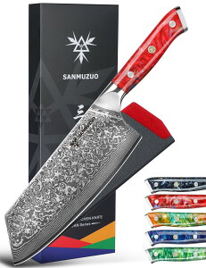 �y���������zSANMUZUO Chinese Chef Knife - 7" Cleaver Knife- Xuan Series - VG10 Damascus Steel Kitchen Knife - Resin Handle (Sunset Red)