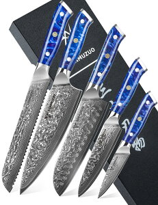yzSANMUZUO Chef Cooking Knives Set- Kitchen Knife Set of 5 Piece - Ultra-Sharp VG10 Damascus Steel & Resin Handle - Xuan Series (Sapphire Blue)