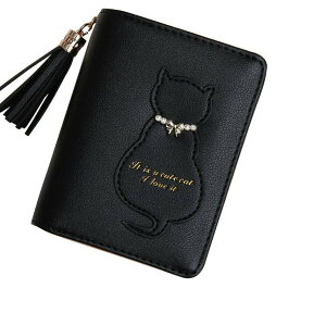 【送料無料】(ヒトクル) HITKUL 猫 財布 二つ折り 女の子 ファスナー プレゼント 子供 チャーム ネコ (ブラック)