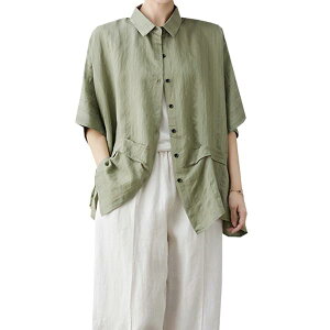 【送料無料】ノーブランド品 Volenシャツレディース五分袖トップス綿麻無地カットソー夏大きいサイズゆったり通勤通学YJP0010GR-XL, グリーン