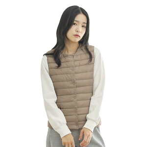 【送料無料】LIYURLTA ウルトラライト インナーダウンベスト レディース ノーカラー ダウン ベスト 撥水 軽量 暖かい 防寒 薄い 秋冬 収納ポーチ付き LIY48 (M, カーキ)