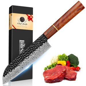 【送料無料】HomeSafety 包丁 三徳包丁 ダマスカス 刃渡り180mm. プロ用牛刀, キッチン用万能. 手打ち鍛造キッチンナイフ, 槌目 ダマスカス模様 両刃 左利き用, 錆びにくい67層の高炭素ステンレス