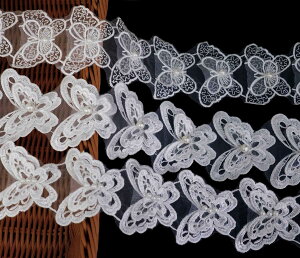 【送料無料】Hymyily 3m(3種類)真珠で飾られた蝶模様刺繍入りレース生地装飾 DIY・裁縫・ギフト包装・カーテン装飾・お人形の衣裳作り・ヘアクリップ作りなどに最適 (ホワイト)