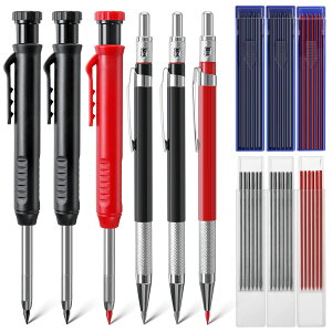 【送料無料】6本入りのソリッド木製匠鉛筆、54本芯、長鼻深穴機械鉛筆マーカー、内蔵シャープナー付き、木工工工の建築家父の日プレゼントに適用(ブラック、レッド)