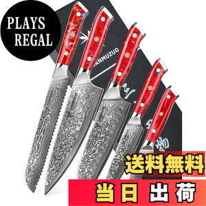 �y���������zSANMUZUO Chef Cooking Knives Set- Kitchen Knife Set of 5 Piece - Ultra-Sharp VG10 Damascus Steel & Resin Handle - Xuan Series (Sunset Red)