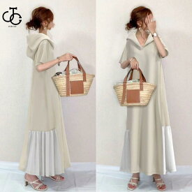ワンピース ロング 夏 切替 裾サイドギャザー フード付き 半袖 着痩せ フォーマル レディース 夏服 vネック aライン 夏ワンピース 40代 50代 30代 ol アジアン