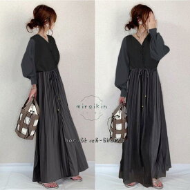 ワンピース春30代 ハイウエスト 長袖ワンピース40代 フレアワンピース Aラインワンピース ロングワンピース Vネック ウエストゴム リボン付き ギャザー