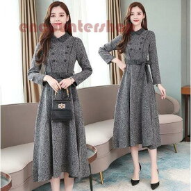 マキシワンピース レディース ワンピース 春秋 ロング丈 折り襟ワンピース きれいめ 着痩せ 長袖 フレア 結婚式 通勤 オシャレ お出かけ 大人 30代 40代 50代