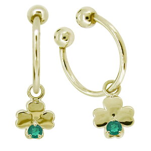 ノンホールピアス フープピアス 18k 揺れる ノンホールイヤリング クローバー エメラルド イヤーカフ